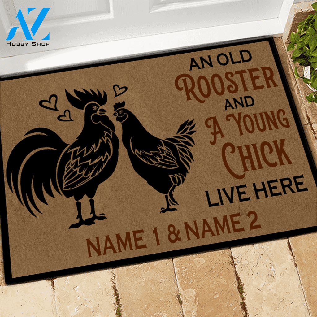 Chicken Custom Doormat An Old Rooster And A Cute Chick Live Here Personalized Gift | WELCOME MAT | HOUSE WARMING GIFT