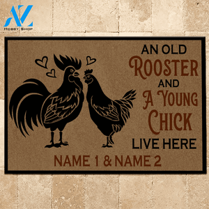 Chicken Custom Doormat An Old Rooster And A Cute Chick Live Here Personalized Gift | WELCOME MAT | HOUSE WARMING GIFT