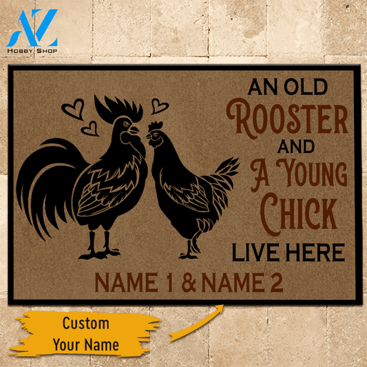 Chicken Custom Doormat An Old Rooster And A Cute Chick Live Here Personalized Gift | WELCOME MAT | HOUSE WARMING GIFT