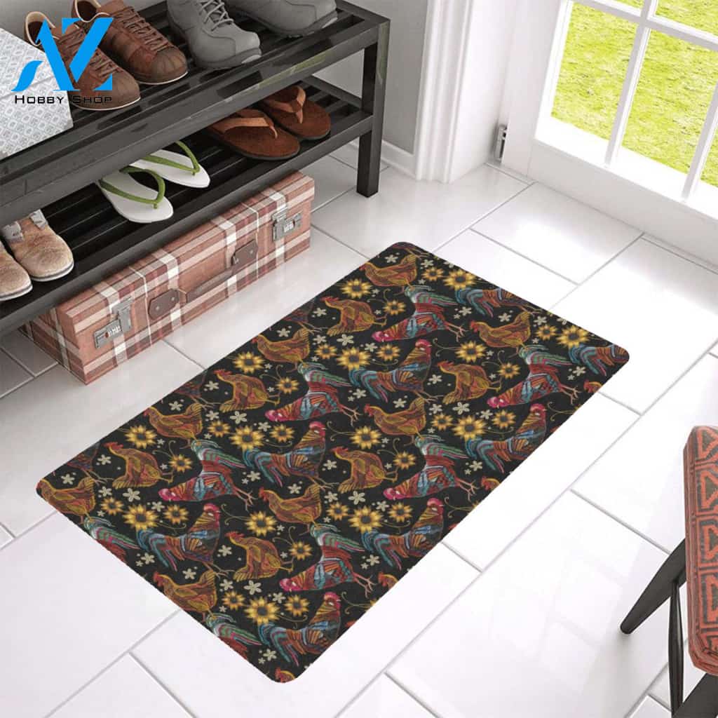 Chicken Embroidery Style Rubber Doormat