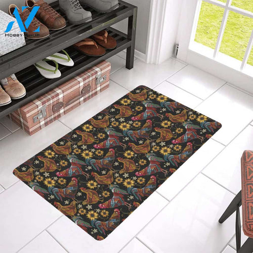 Chicken Embroidery Style Rubber Doormat