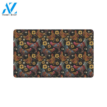 Chicken Embroidery Style Rubber Doormat