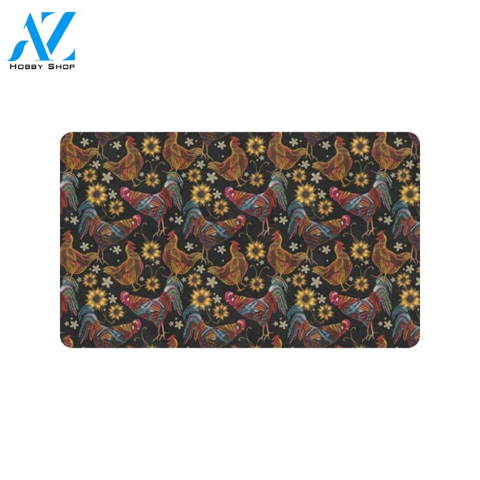 Chicken Embroidery Style Rubber Doormat