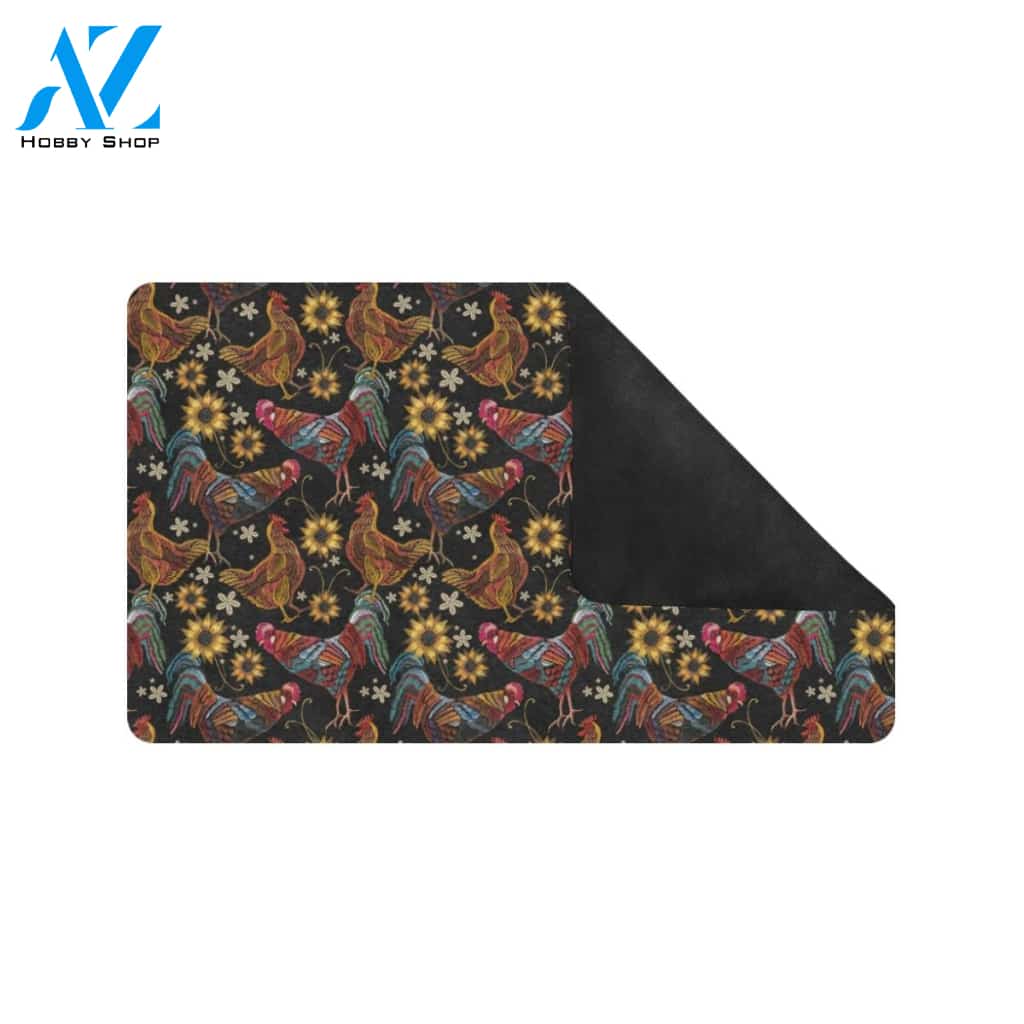 Chicken Embroidery Style Rubber Doormat