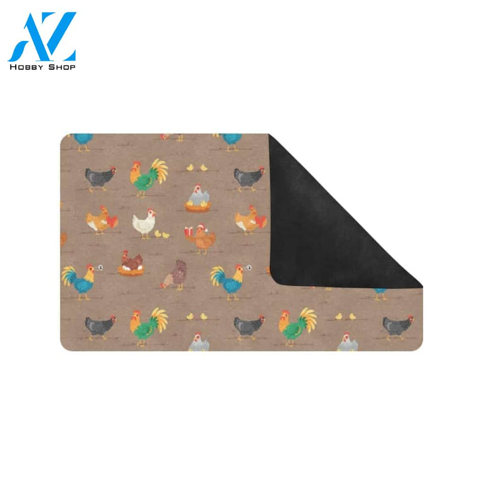 Chicken Happy Print Pattern Rubber Doormat