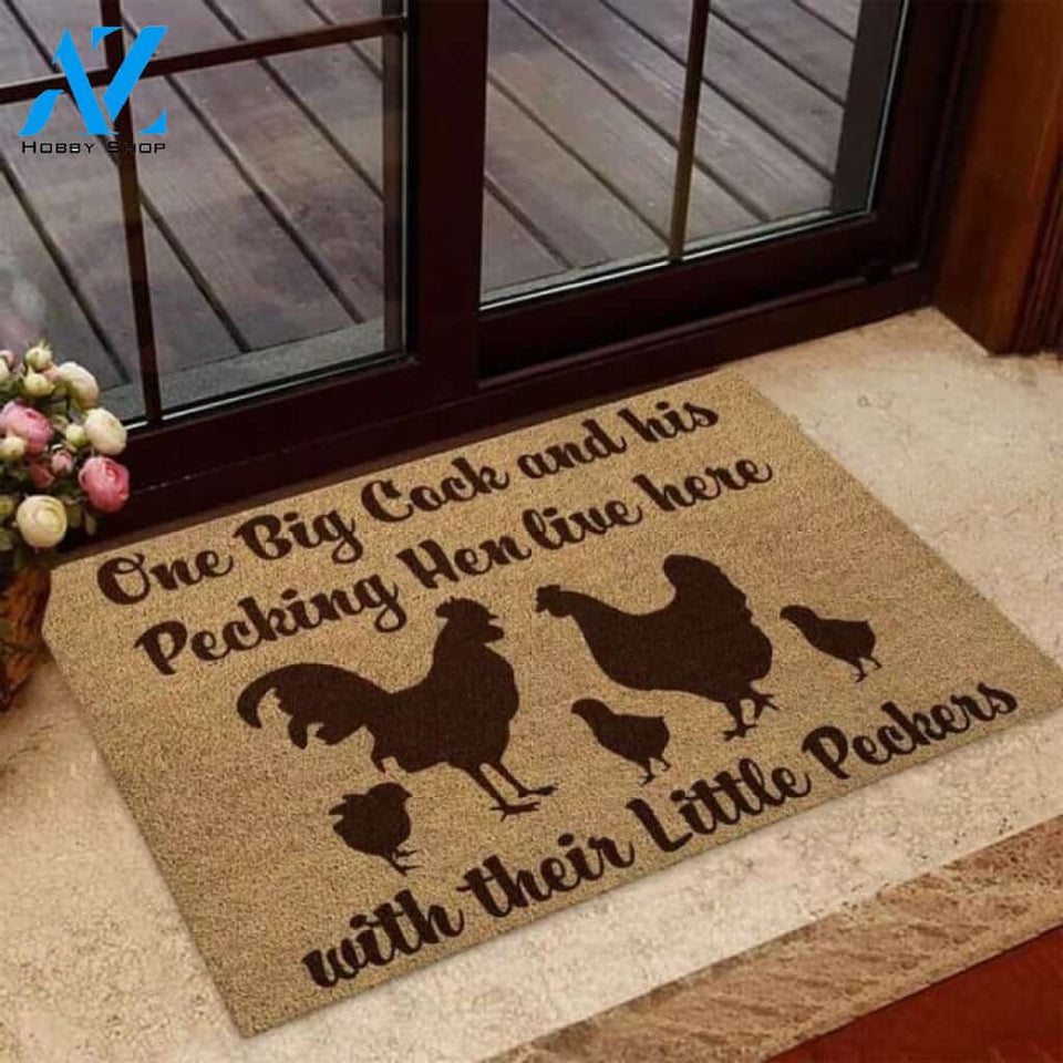 Chicken One big cock and his pecking hen live here Coir Pattern Print Doormat | Welcome Mat | House Warming Gift