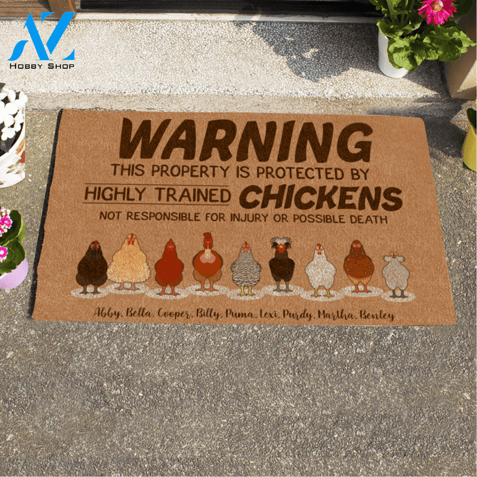 Chicken, Warning Property is Protected By Highly Trained Chickens, Personalized Doormat HQ