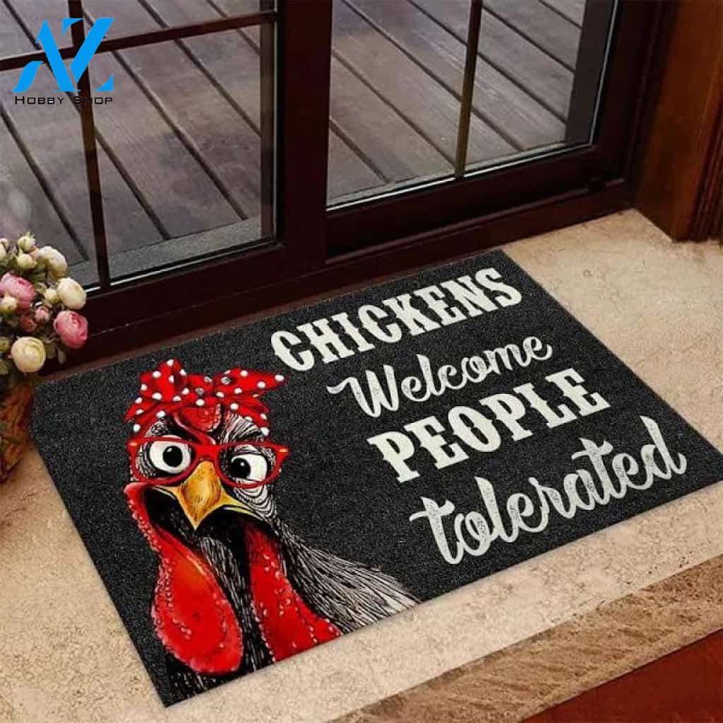Chickens Welcome People Tolerated Black Background Animal Doormat Farm Rug Farmer House Decor Housewarming Gift Gift for Friend for Farm Animal Lovers