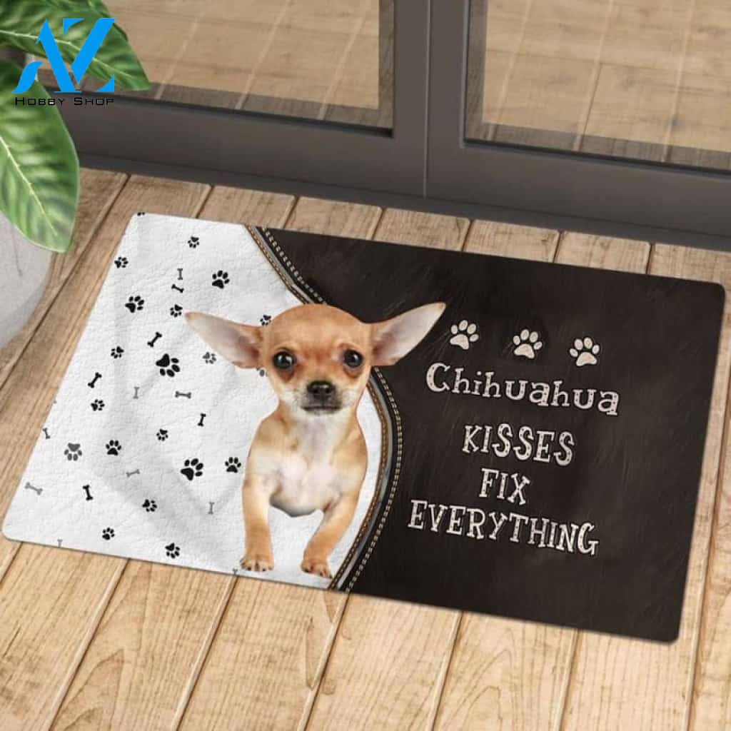 Chihuahua 2 Doormat, Kisses Fix Everything Doormat, Dog Welcome Mat, Funny Welcome Mats for Dogs Lovers