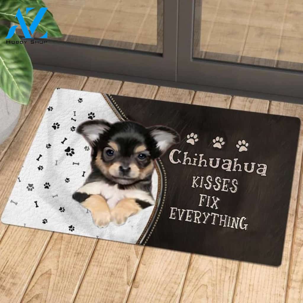 Chihuahua 3 Doormat, Kisses Fix Everything Doormat, Dog Welcome Mat, Funny Welcome Mats for Dogs Lovers