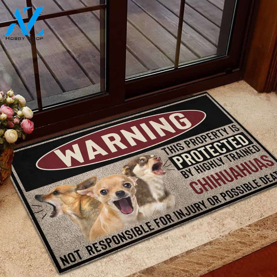 Chihuahua Highly Trained Warning Rubber Base Doormat | Welcome Mat | House Warming Gift