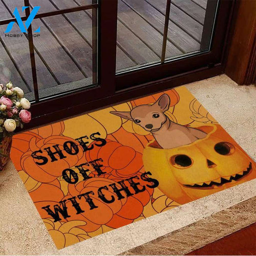 Chihuahua Shoes Off Witches Halloween Easy Clean Welcome DoorMat | Felt And Rubber | DO3316
