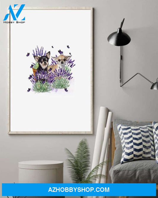 Chihuahua with lavender flower poster