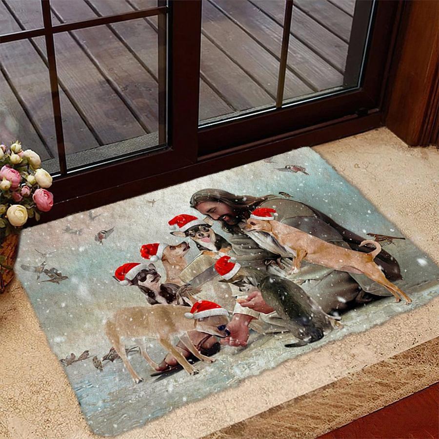 Jesus Surrounded By Chihuahuas 02 Doormat