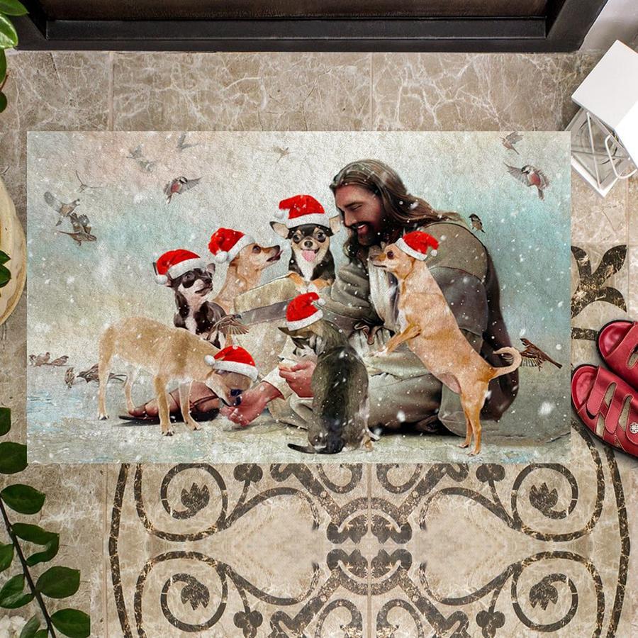 Jesus Surrounded By Chihuahuas 02 Doormat