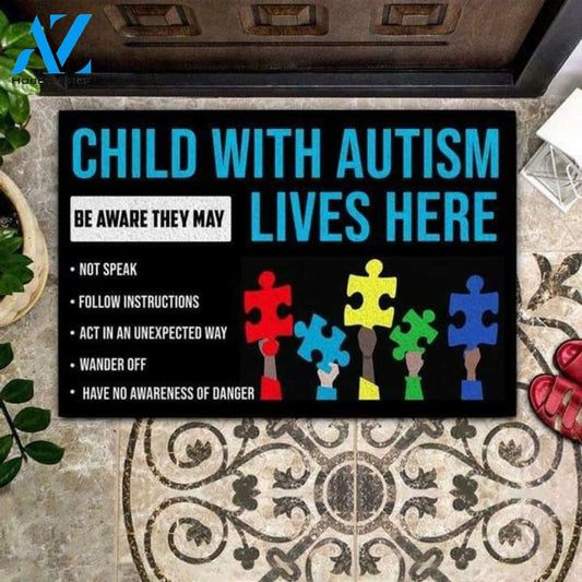 Autism Awareness - Children With Autism Lives Here Doormat Floor Rug Housewarming Gift Home Living Home Decor Indoor and Outdoor Doormat Warm House Gift Welcome Mat Gift for Friend Family