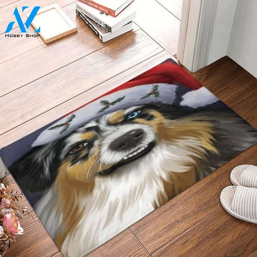 Christmas Australian Shepherd Dog Holiday Portrait With Santa Hat Indoor And Outdoor Mat Entrance Rug Sweet Home Decor Housewarming, Gift For Dog Loves, Friend, Family