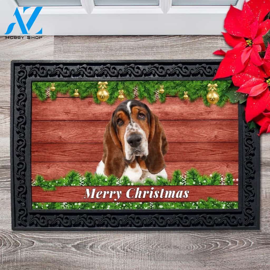 Christmas Barnwood Basset Hound Doormat - 18" x 30"