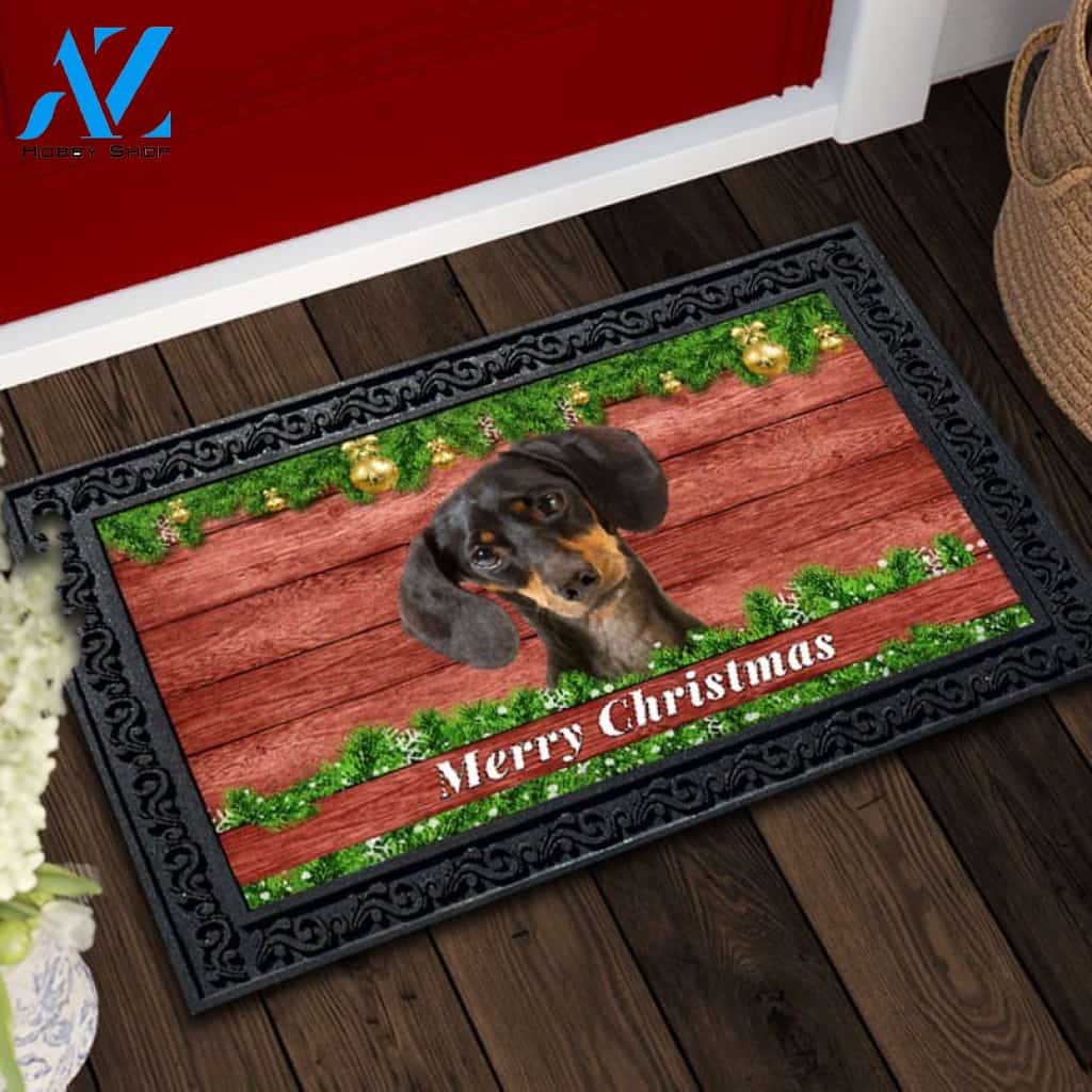 Christmas Barnwood Black Short Haired Dachshund Doormat