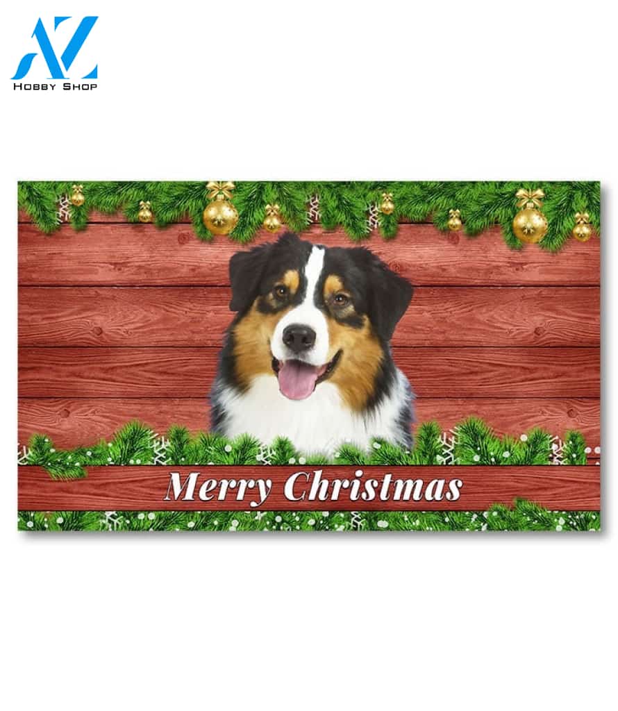 Christmas Barnwood Black Tri Australian Shepherd Doormat - 18" x 30"