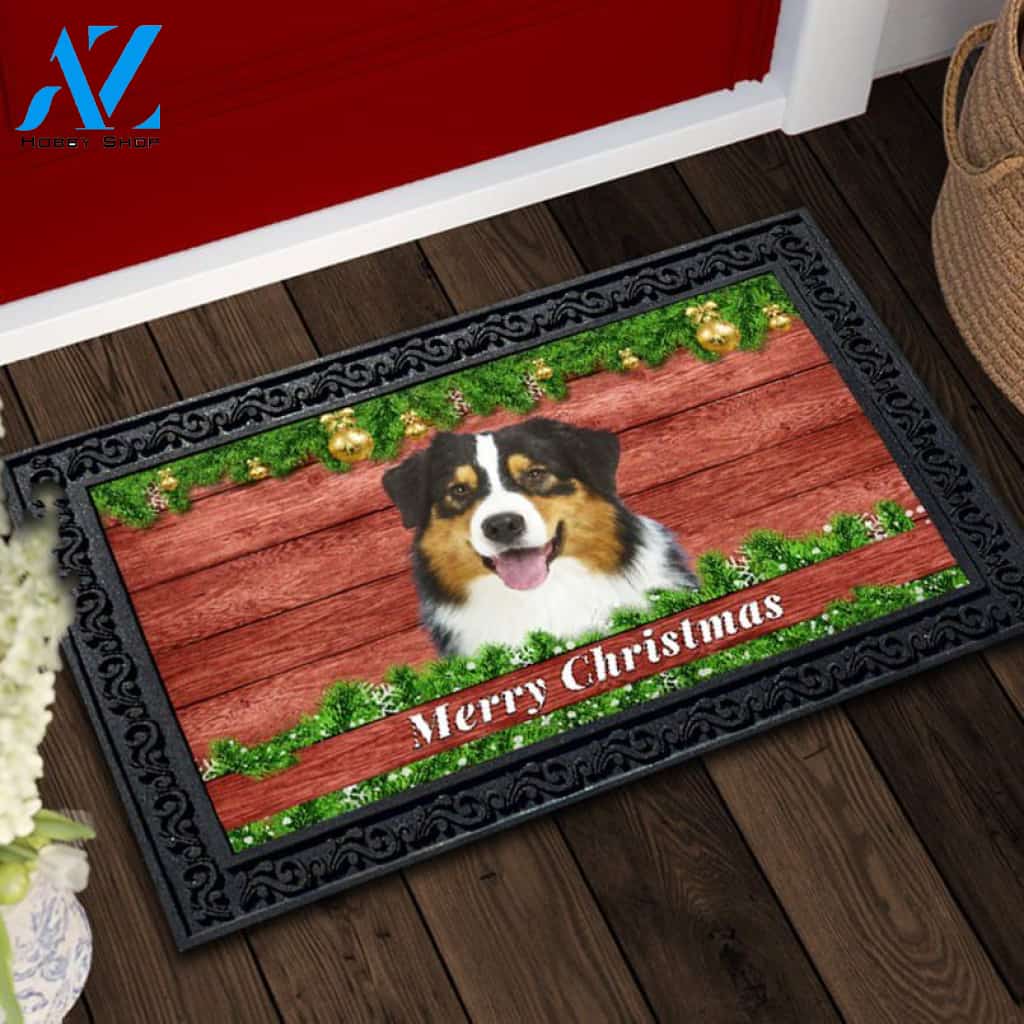 Christmas Barnwood Black Tri Australian Shepherd Doormat