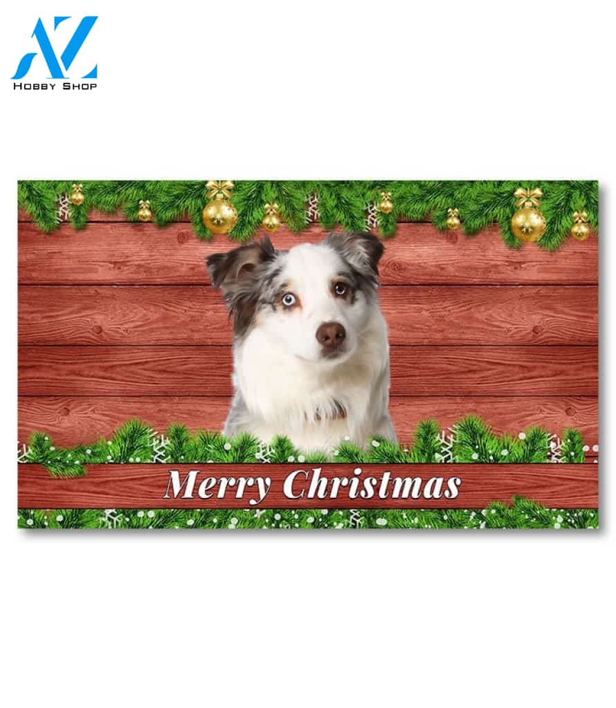 Christmas Barnwood Blue Merle Australian Shepherd Doormat - 18" x 30"