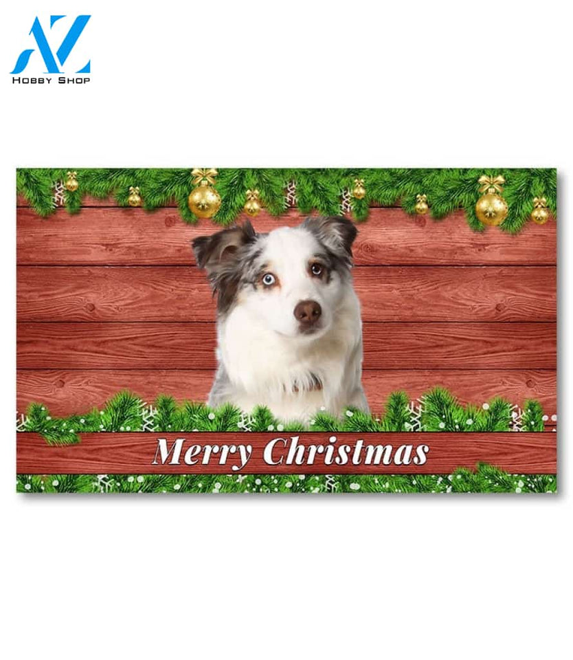 Christmas Barnwood Blue Merle Australian Shepherd Doormat - 18" x 30"
