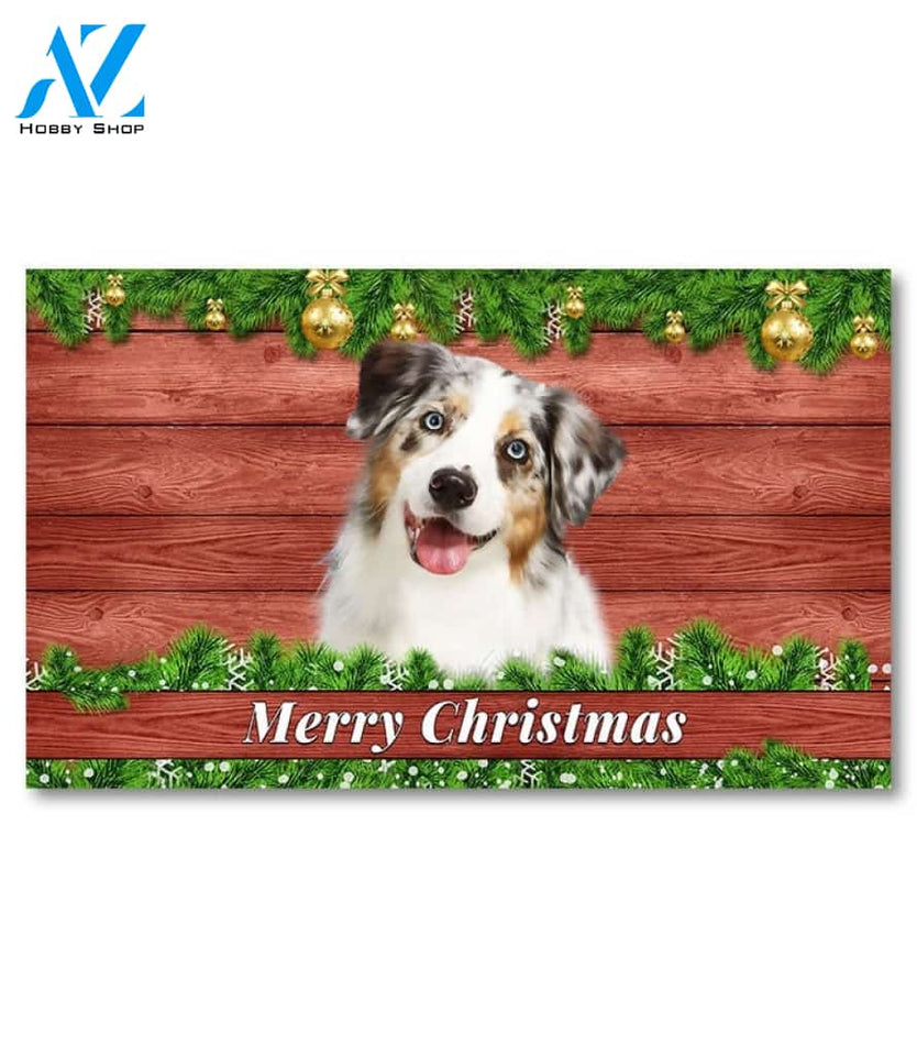 Christmas Barnwood Blue Merle Australian Shepherd II Doormat - 18" x 30"