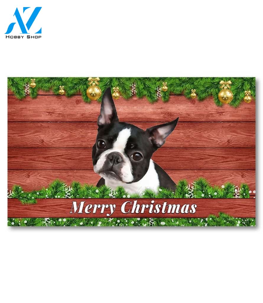 Christmas Barnwood Boston Terrier Doormat - 18" x 30"