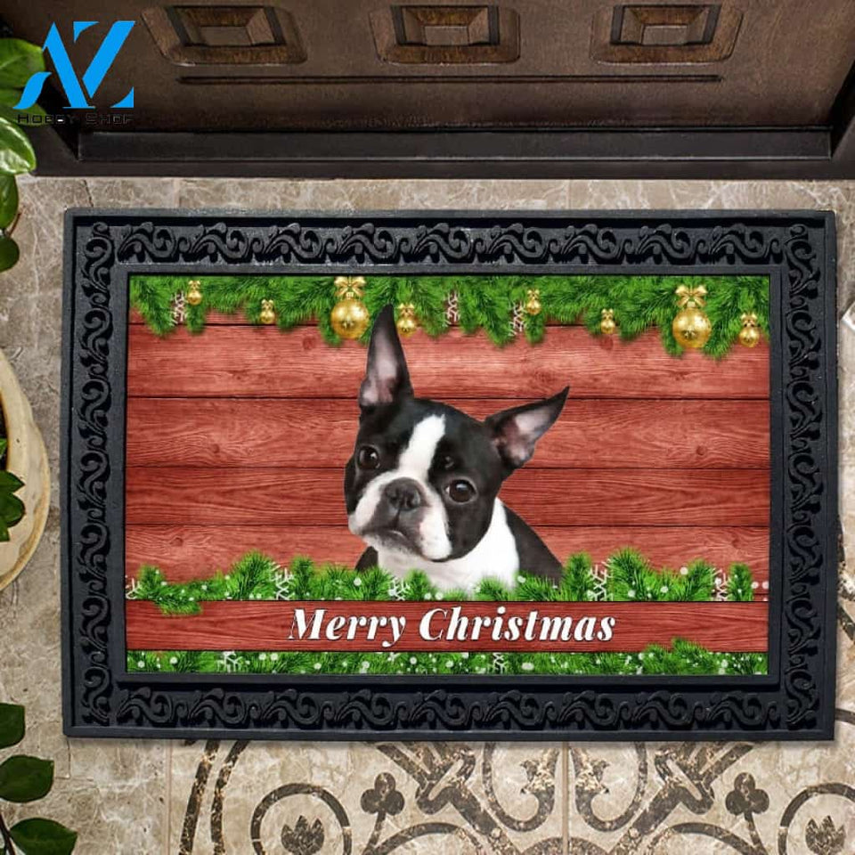 Christmas Barnwood Boston Terrier Doormat - 18" x 30"