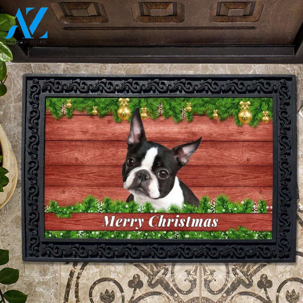 Christmas Barnwood Boston Terrier Doormat