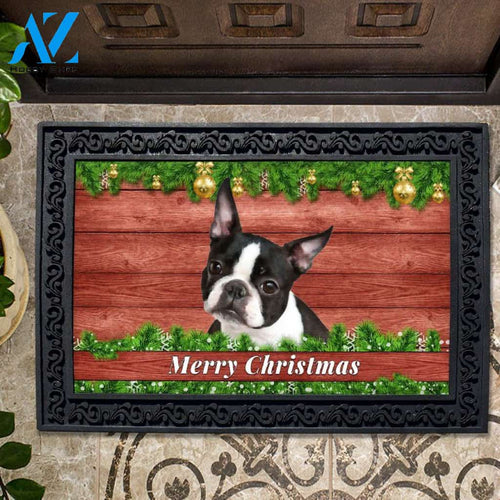 Christmas Barnwood Boston Terrier Doormat