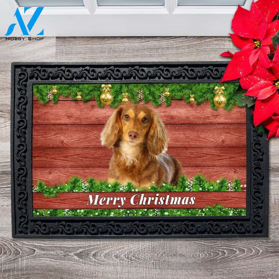 Christmas Barnwood Brown Long Haired Dachshund Doormat