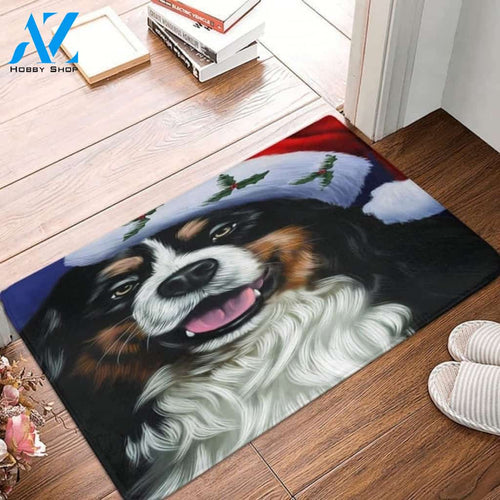 Christmas Bernese Dog Holiday Portrait With Santa Hat Indoor And Outdoor Mat Entrance Rug Sweet Home Decor Housewarming Gift For Dog Loves, Friend, Family