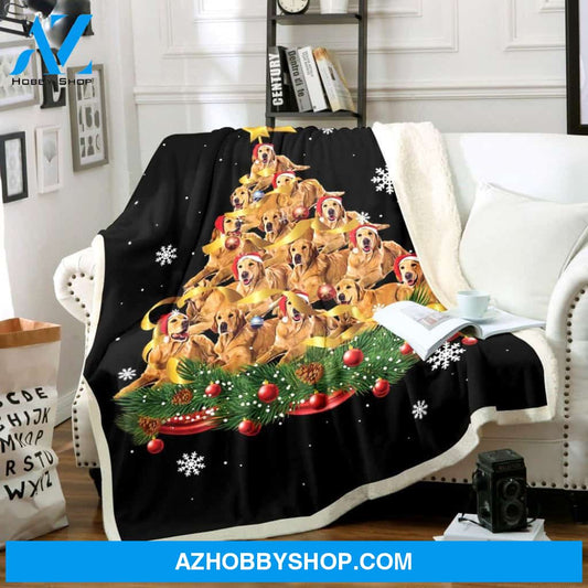 Christmas Blanket, Golden Retrievers Dog Blanket, Christmas Tree Funny Noel Blanket