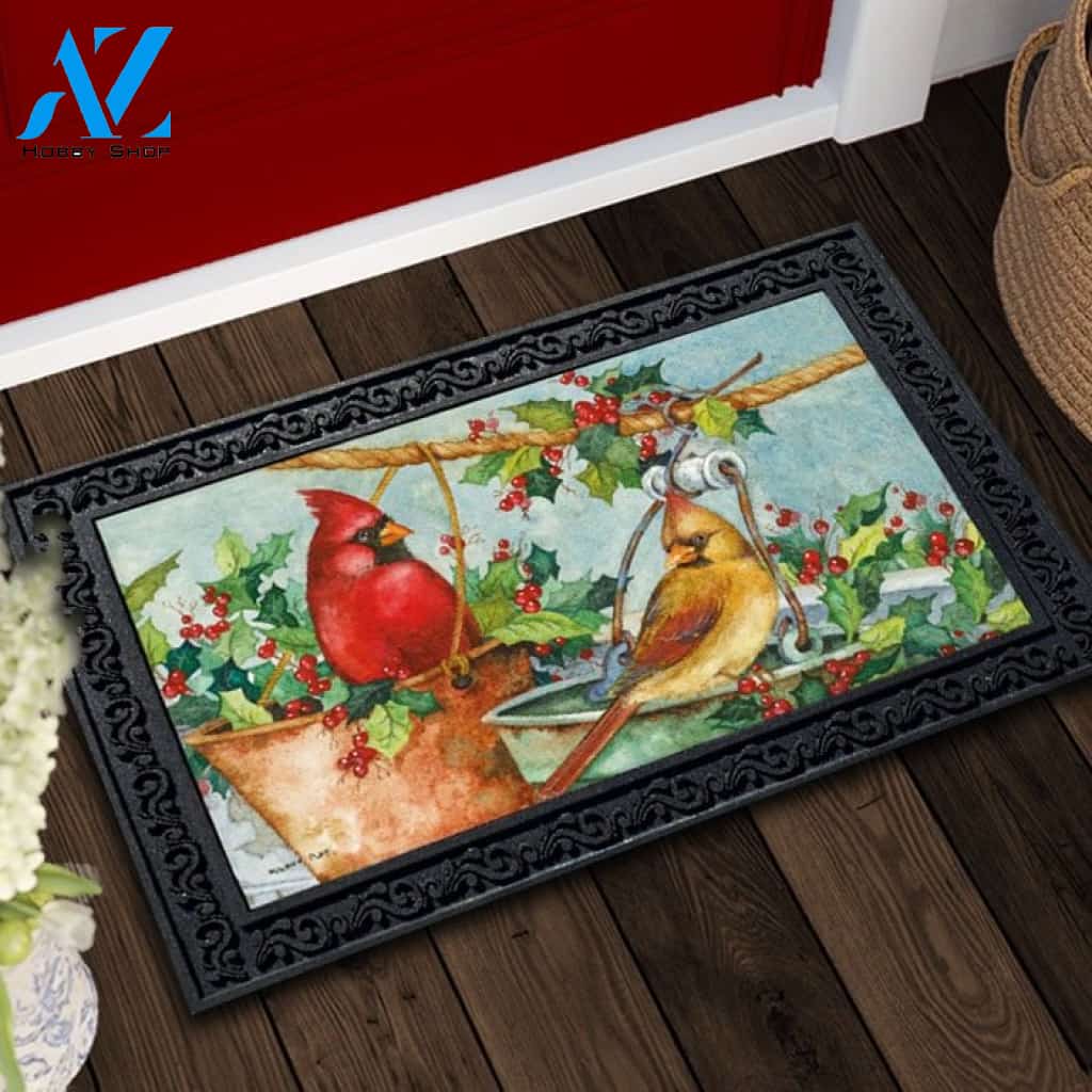 Christmas Bucket Cardinals Doormat - 18" x 30"