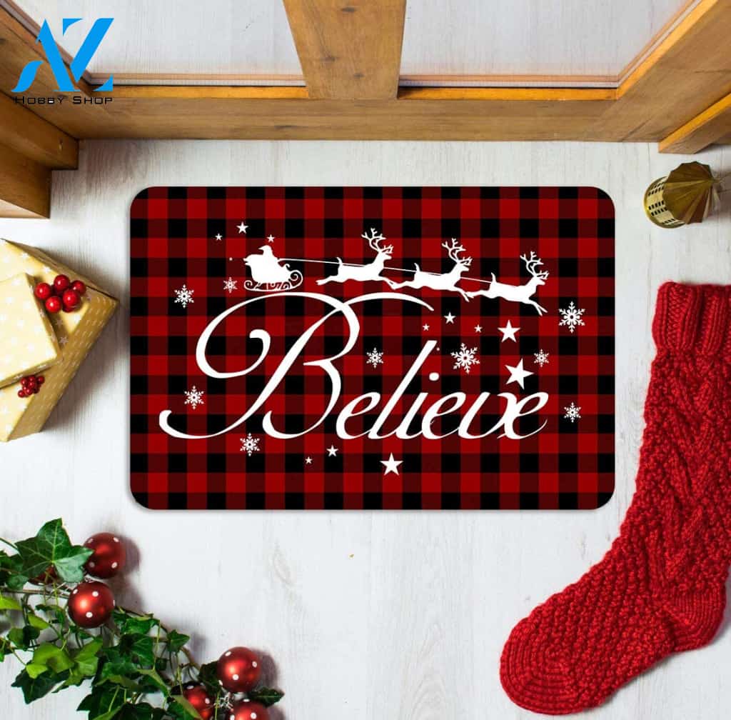 Christmas Buffalo Plaid Believe Decorative Doormat Indoor And Outdoor Mat Entrance Rug Sweet Home Decor Housewarming Gift Gift Friend Family Christmas Holiday