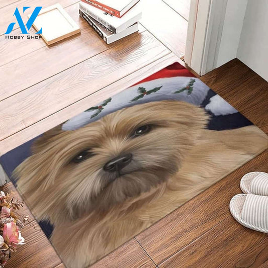 Christmas Cairn Terrier Dog Holiday Portrait With Santa Hat Indoor And Outdoor Mat Entrance Rug Sweet Home Decor Housewarming, Gift For Dog Loves, Friend, Family