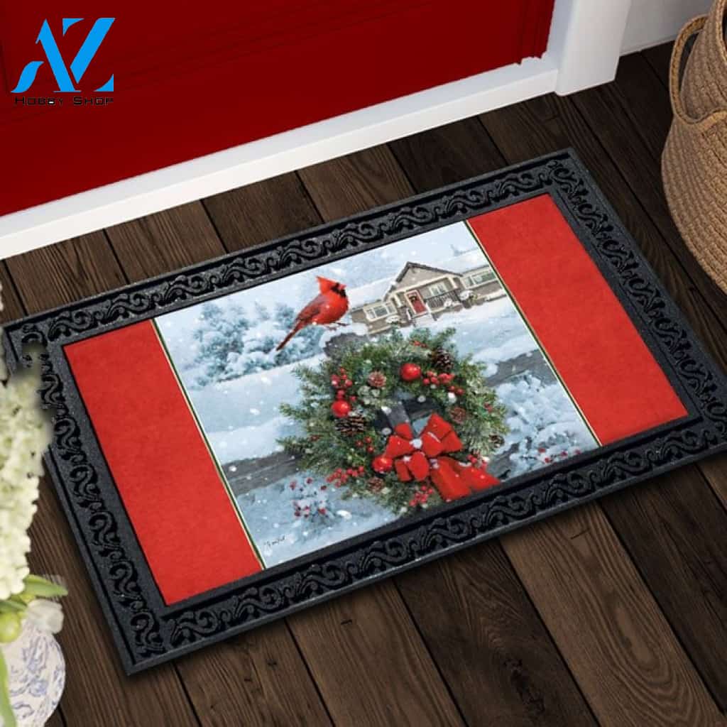 Christmas Cardinal Wreath Doormat - 18" x 30"
