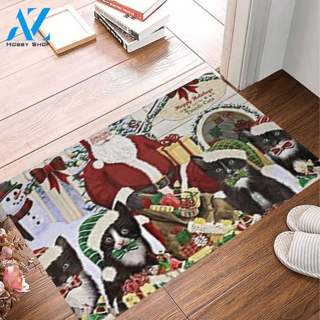 Christmas Cat House Tuxedo Cats With Santa Claus Doormat Welcome Mat Housewarming Home Decor Gift For Cat Lovers Funny Doormat Gift Idea