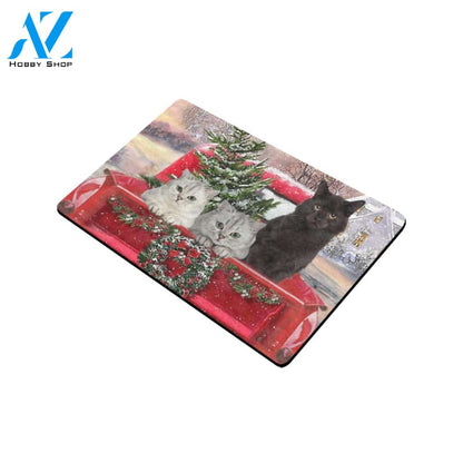 Christmas Cat Winter and Red Car Indoor And Outdoor Doormat Gift For Cat lovers Gift For Friend & Family Home Decor Warm House Gift Welcome Mat