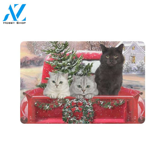 Christmas Cat Winter and Red Car Indoor And Outdoor Doormat Gift For Cat lovers Gift For Friend & Family Home Decor Warm House Gift Welcome Mat
