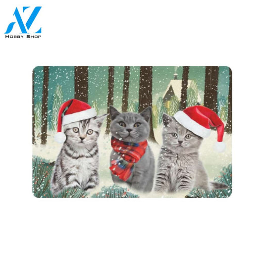 Christmas Cat Winter In Forest Indoor And Outdoor Doormat Gift For Cat lovers Gift For Friend & Family Home Decor Warm House Gift Welcome Mat