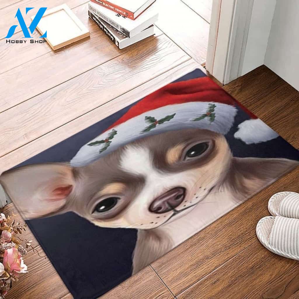 Christmas Chihuahua Dog Holiday Portrait With Santa Hat Indoor And Outdoor Mat Entrance Rug Sweet Home Decor Housewarming, Gift For Dog Loves, Friend, Family