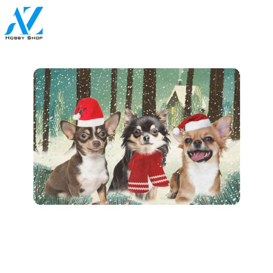 Christmas Chihuahua Winter In Forest Indoor And Outdoor Doormat Gift For Chihuahua Dog lovers Gift For Friend & Family Home Decor Warm House Gift Welcome Mat