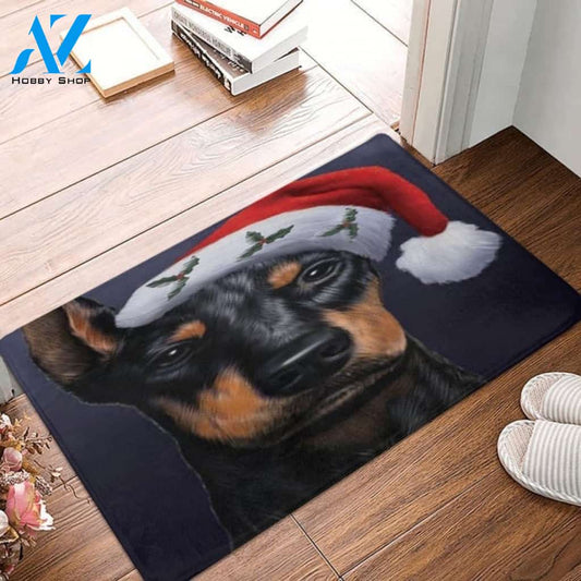 Christmas Doberman Dog Holiday With Santa Hat Indoor And Outdoor Mat Entrance Rug Sweet Home Decor Housewarming, Gift For Dog Loves, Friend, Family
