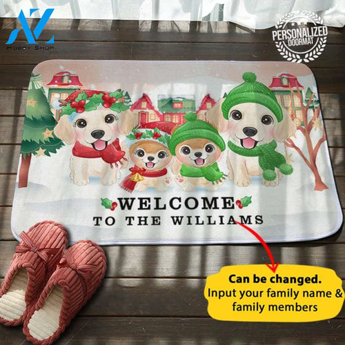 Christmas Doodle Puppy Personalized Name Doormat
