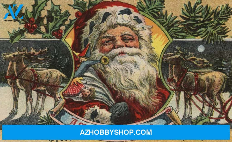 Christmas Greeting - Santa And Reindeer - Vintage Poster