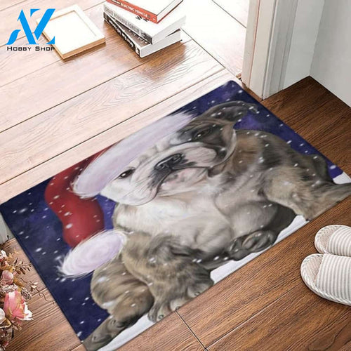 Christmas Holiday Bulldog Dog Wearing Santa Hat Doormat Welcome Mat Housewarming Home Decor Gift For Dog Lovers Funny Doormat Gift Idea