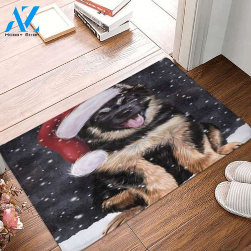 Christmas Holiday German Shepherd Dog Wearing Santa Hat Indoor and Outdoor Mat Entrance Rug Sweet Home Decor Housewarming, Gift For Dog Loves, Friend, Family